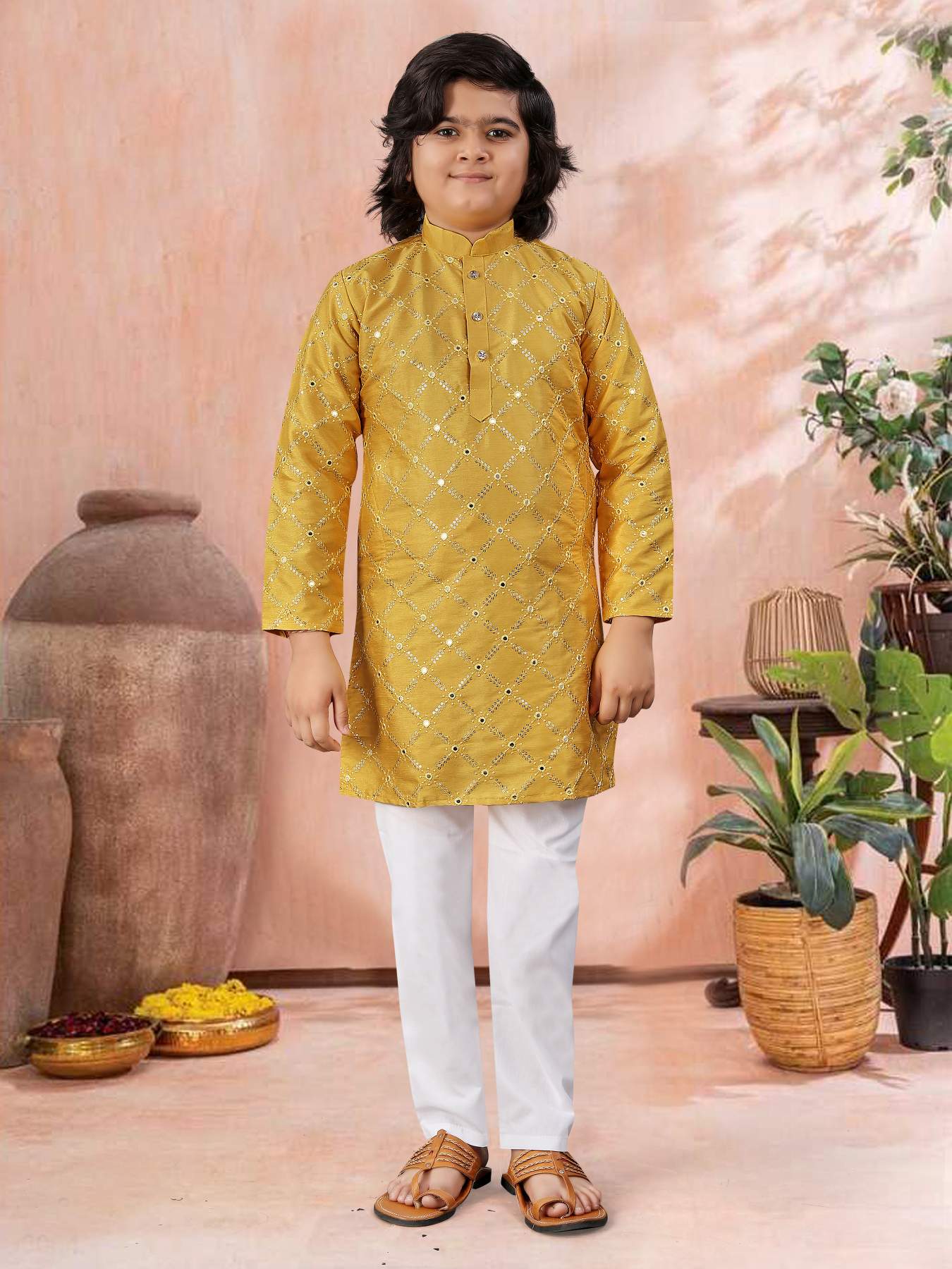 Yellow color embroidery work kurta 