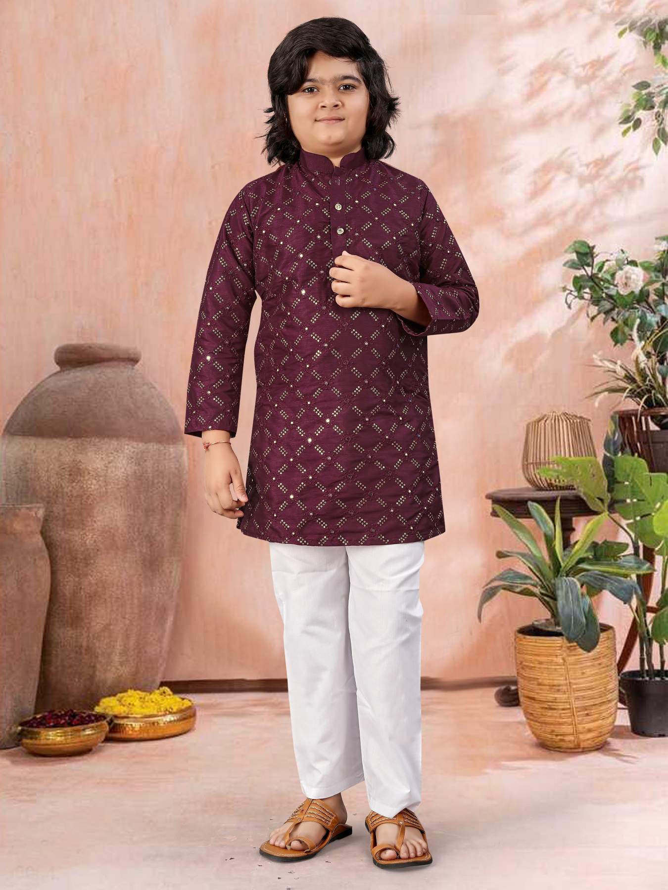 Maroon color soft silk kurta pyjama