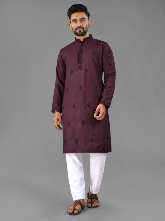 Wine Party Wear Designer Cotton Mens Kurta Pajama