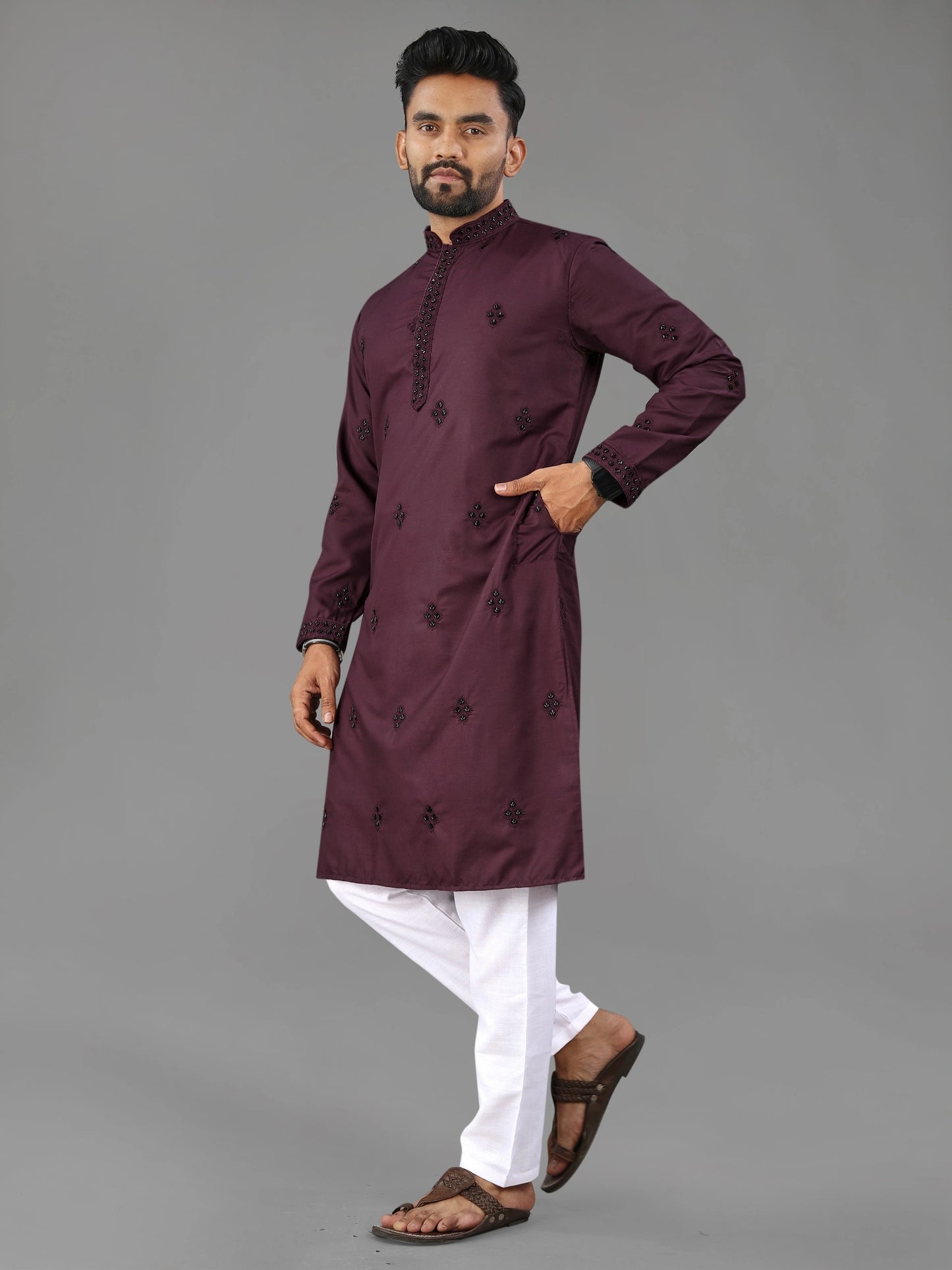 Wine Party Wear Designer Cotton Mens Kurta Pajama