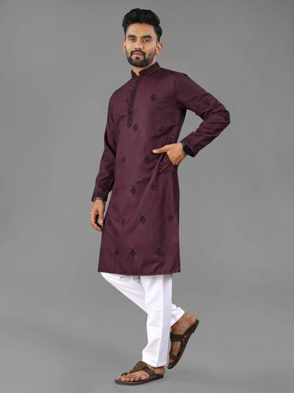Wine Party Wear Designer Cotton Mens Kurta Pajama