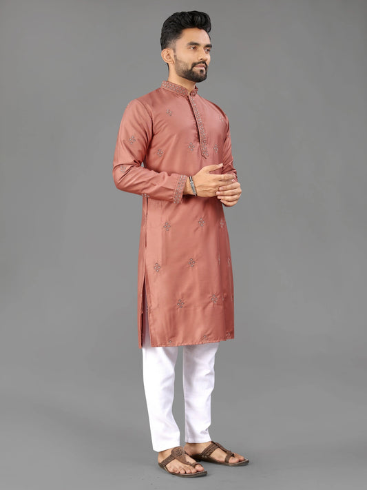 Rust Indian Traditional Cotton Mens Kurta with Pajama