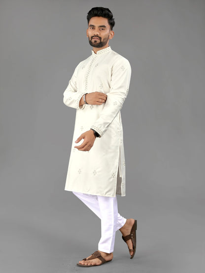 White Cotton Ready to Wear Mens Kurta Pajama