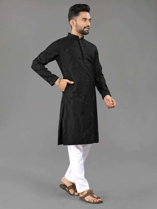 Black Cotton Wedding Guest Mens Kurta Pajama