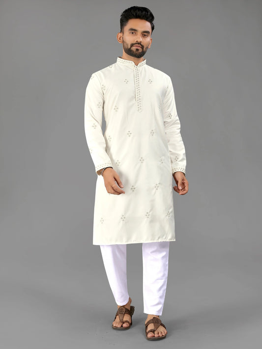 White Cotton Ready to Wear Mens Kurta Pajama