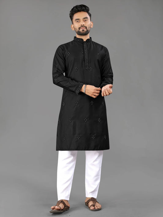 Black Cotton Wedding Guest Mens Kurta Pajama
