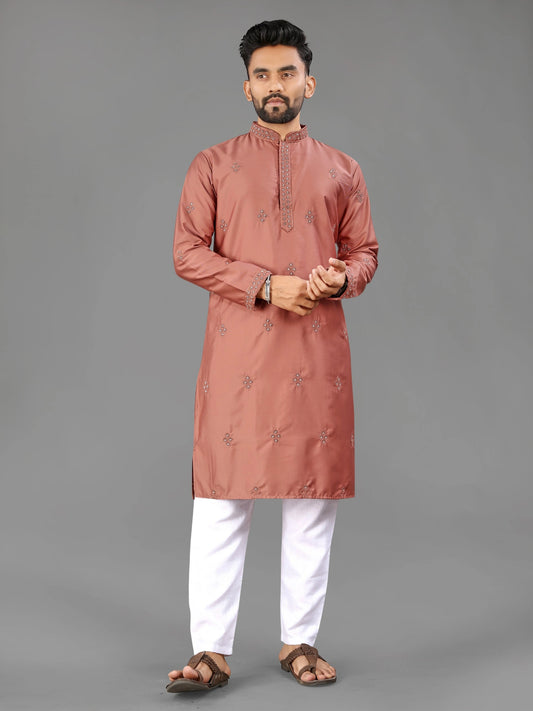 Rust Indian Traditional Cotton Mens Kurta with Pajama