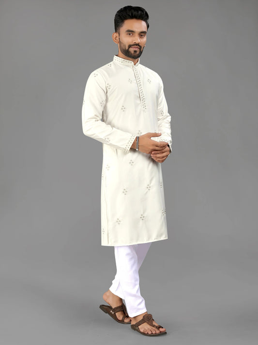 White Cotton Ready to Wear Mens Kurta Pajama