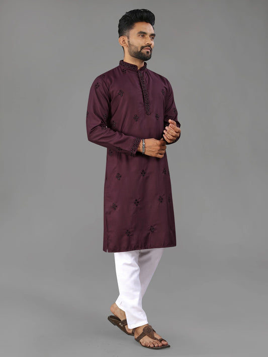 Wine Party Wear Designer Cotton Mens Kurta Pajama