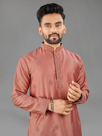 Rust Indian Traditional Cotton Mens Kurta with Pajama