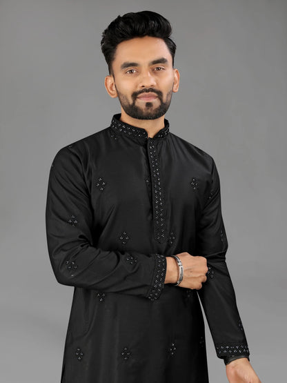 Black Cotton Wedding Guest Mens Kurta Pajama