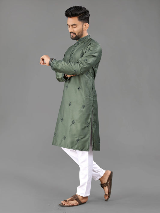 Green Punjabi Style Cotton Mens Kurta Pajama for Mehendi