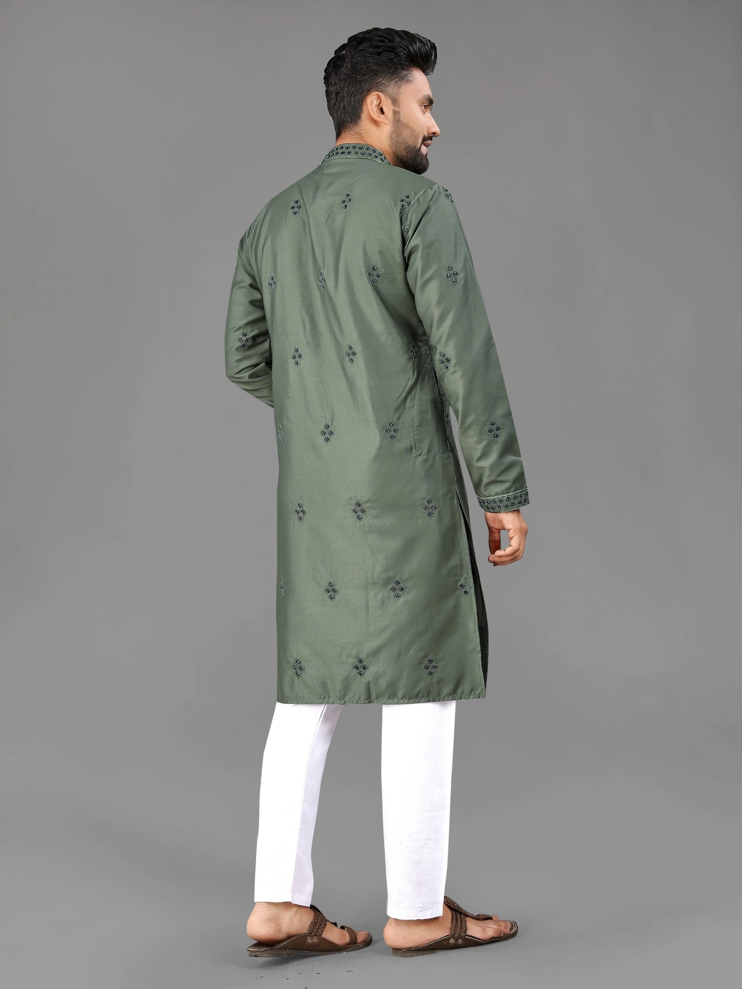 Green Punjabi Style Cotton Mens Kurta Pajama for Mehendi