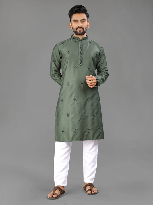 Green Punjabi Style Cotton Mens Kurta Pajama for Mehendi