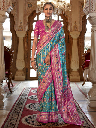 Sky blue color silk patola printed saree online
