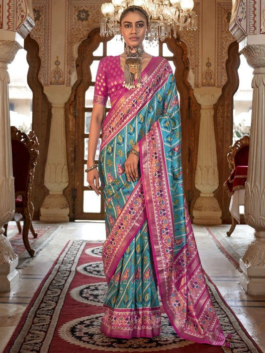 Sky blue color silk patola printed saree online
