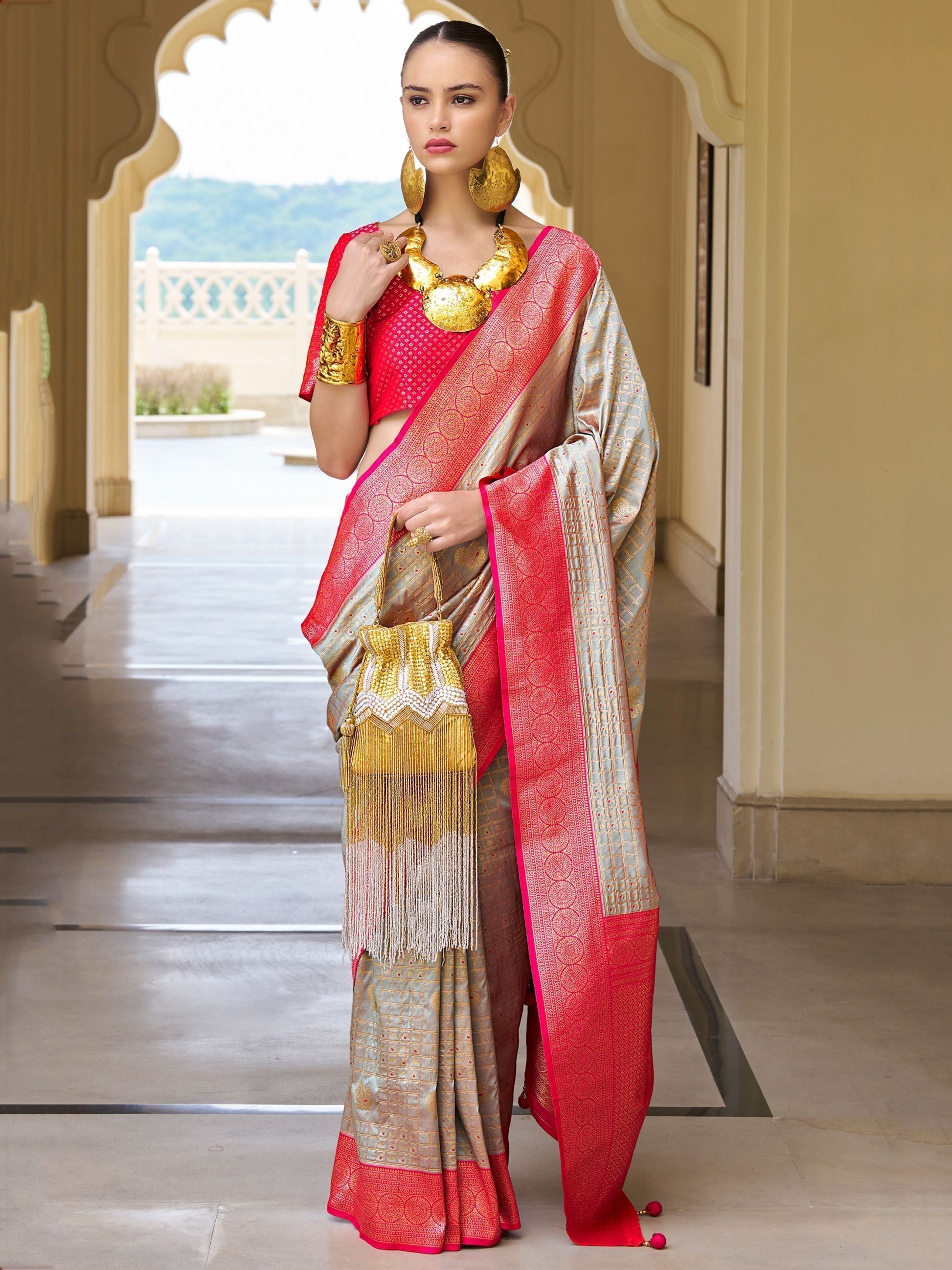 Grey banarasi silk saree for women online
