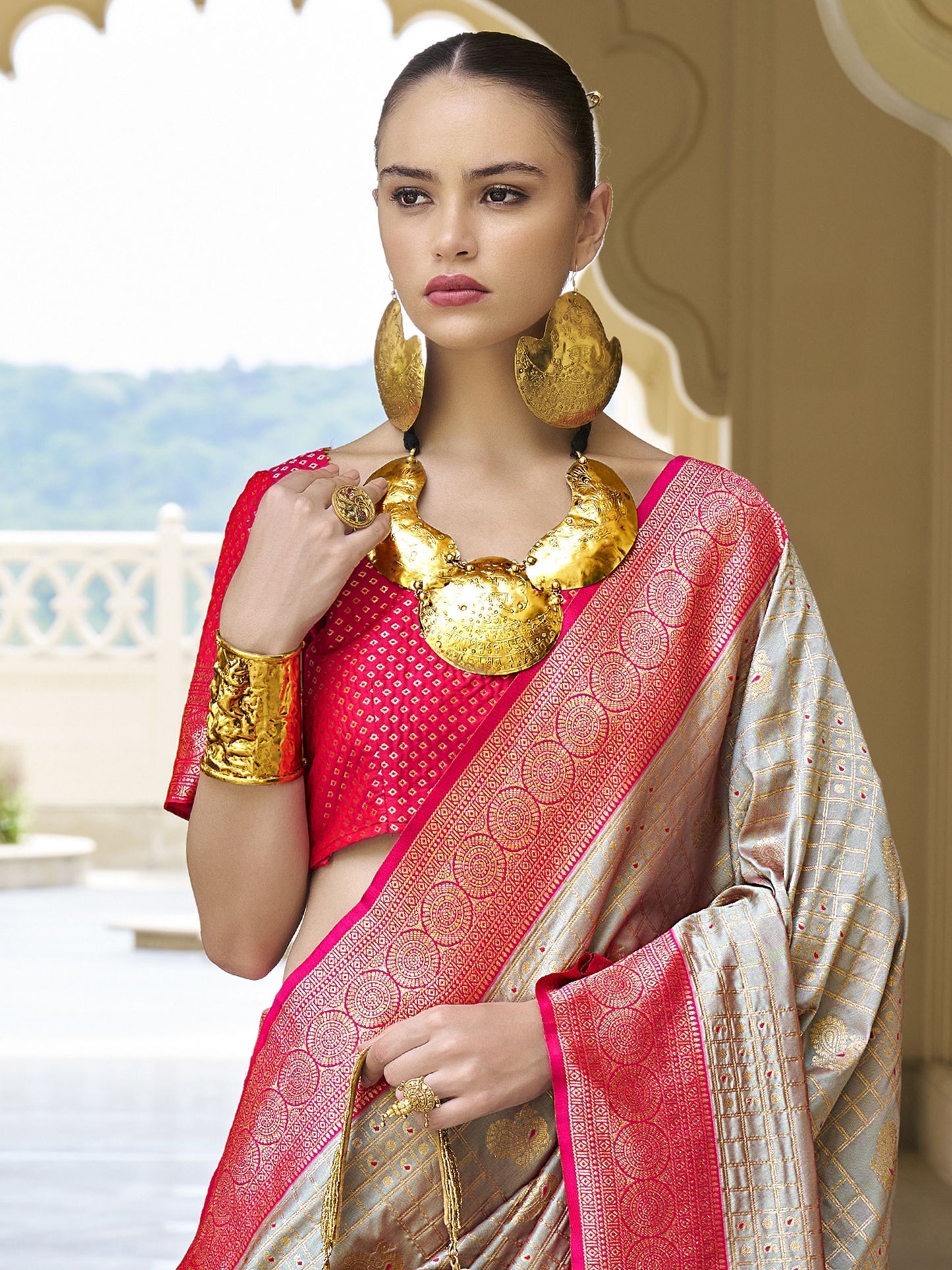 Grey banarasi silk saree for women with price
