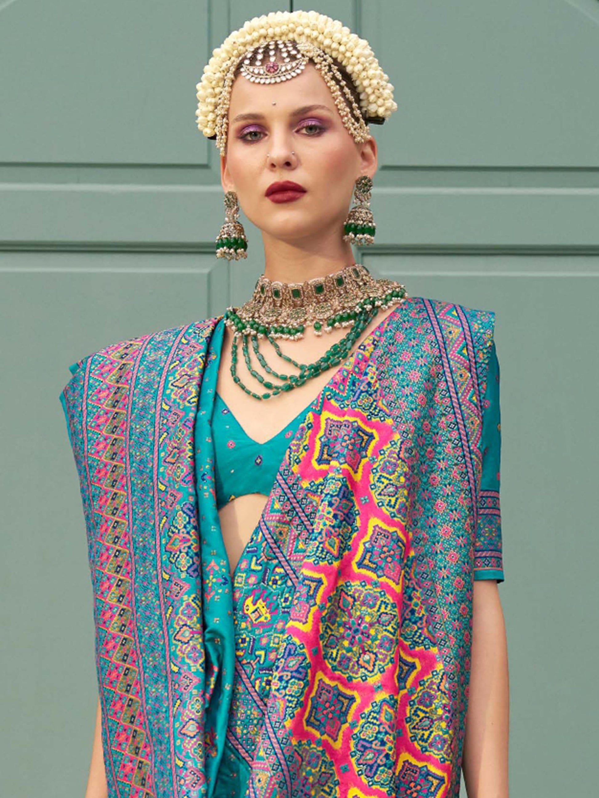 Rama color banarasi silk saree design
