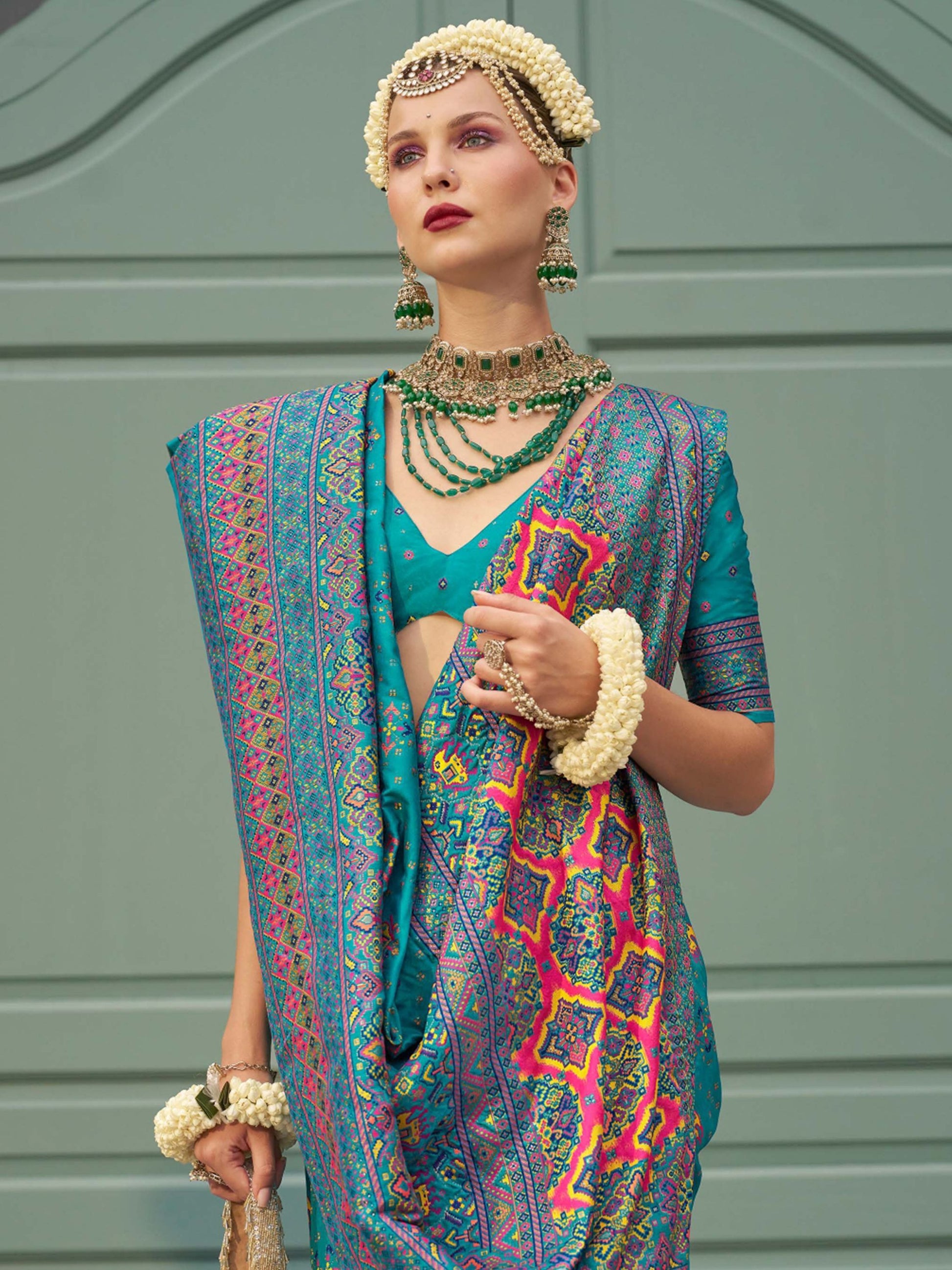 Rama color banarasi silk saree images
