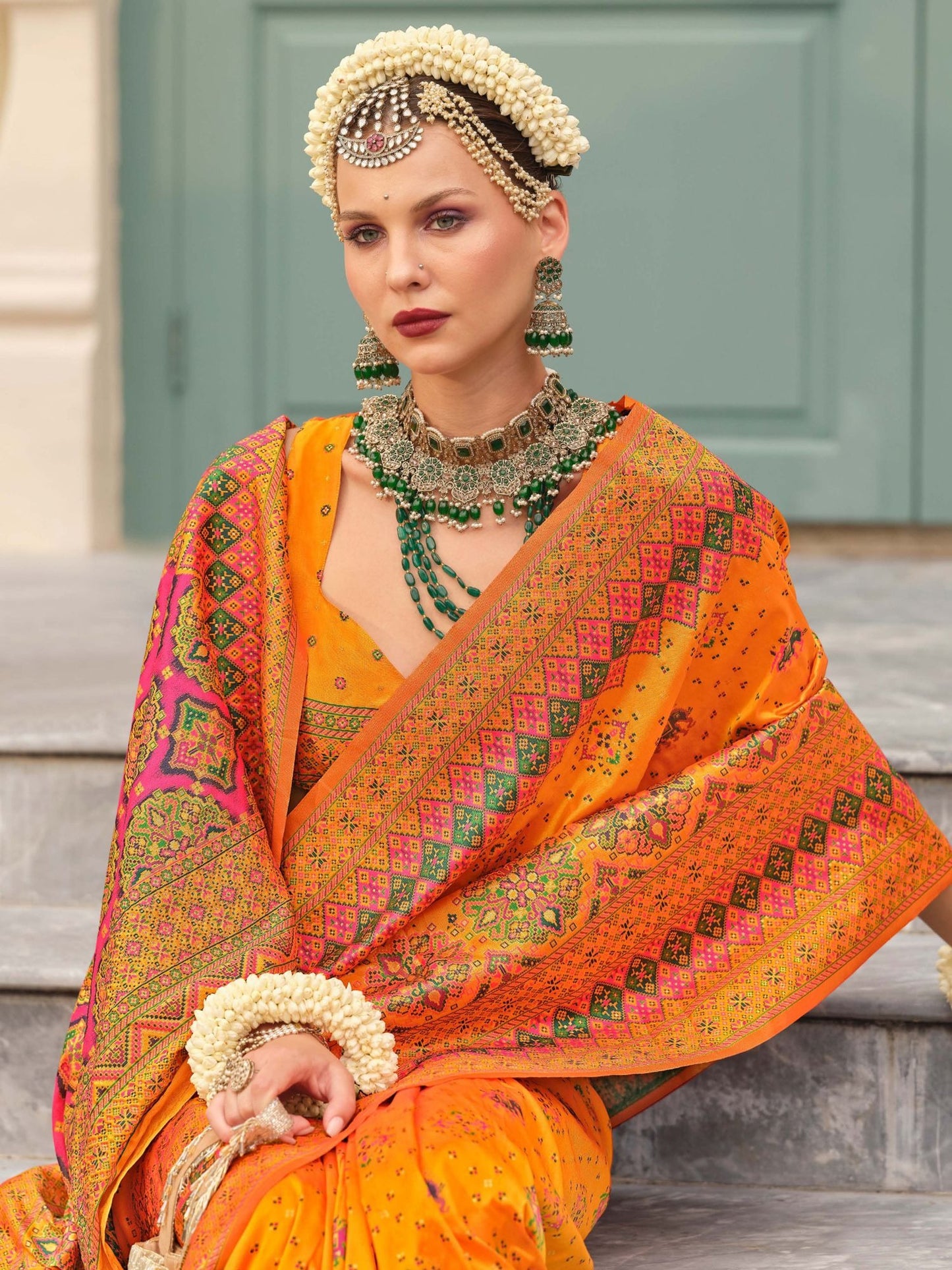 Orange color banarasi silk saree for women online
