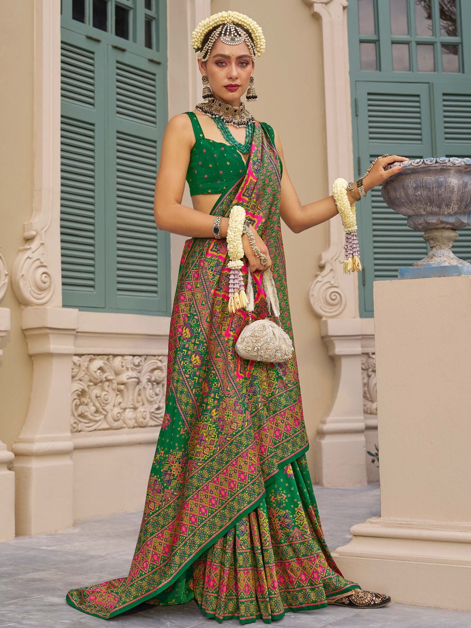 Green color banarasi silk saree for women price
