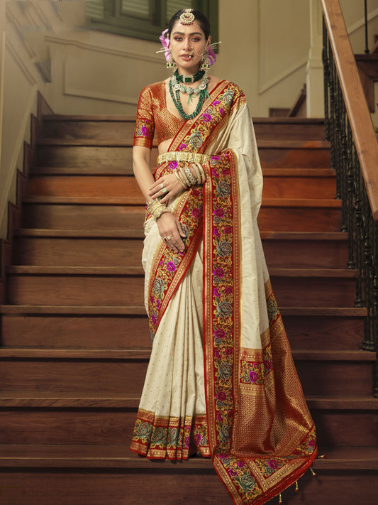 Off white color banarasi silk saree for women online shopping
