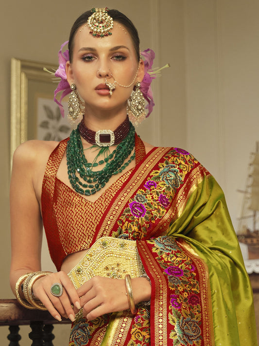 Pista green Silk Saree Contrast Blouse
