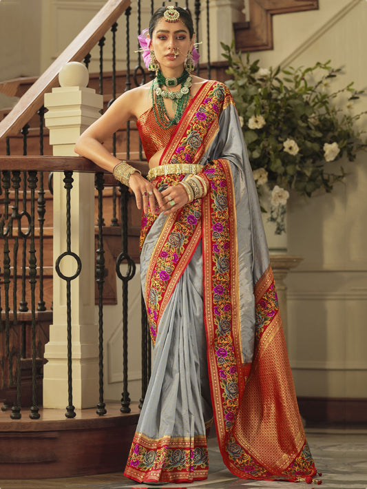 Grey Banarasi Saree With Contrast Blouse
