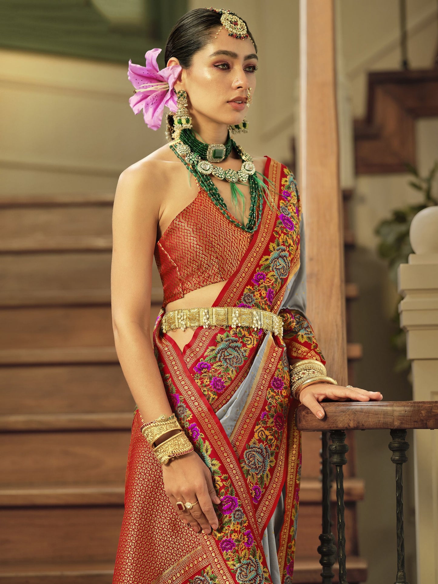 Grey color banarasi silk saree for women with price

