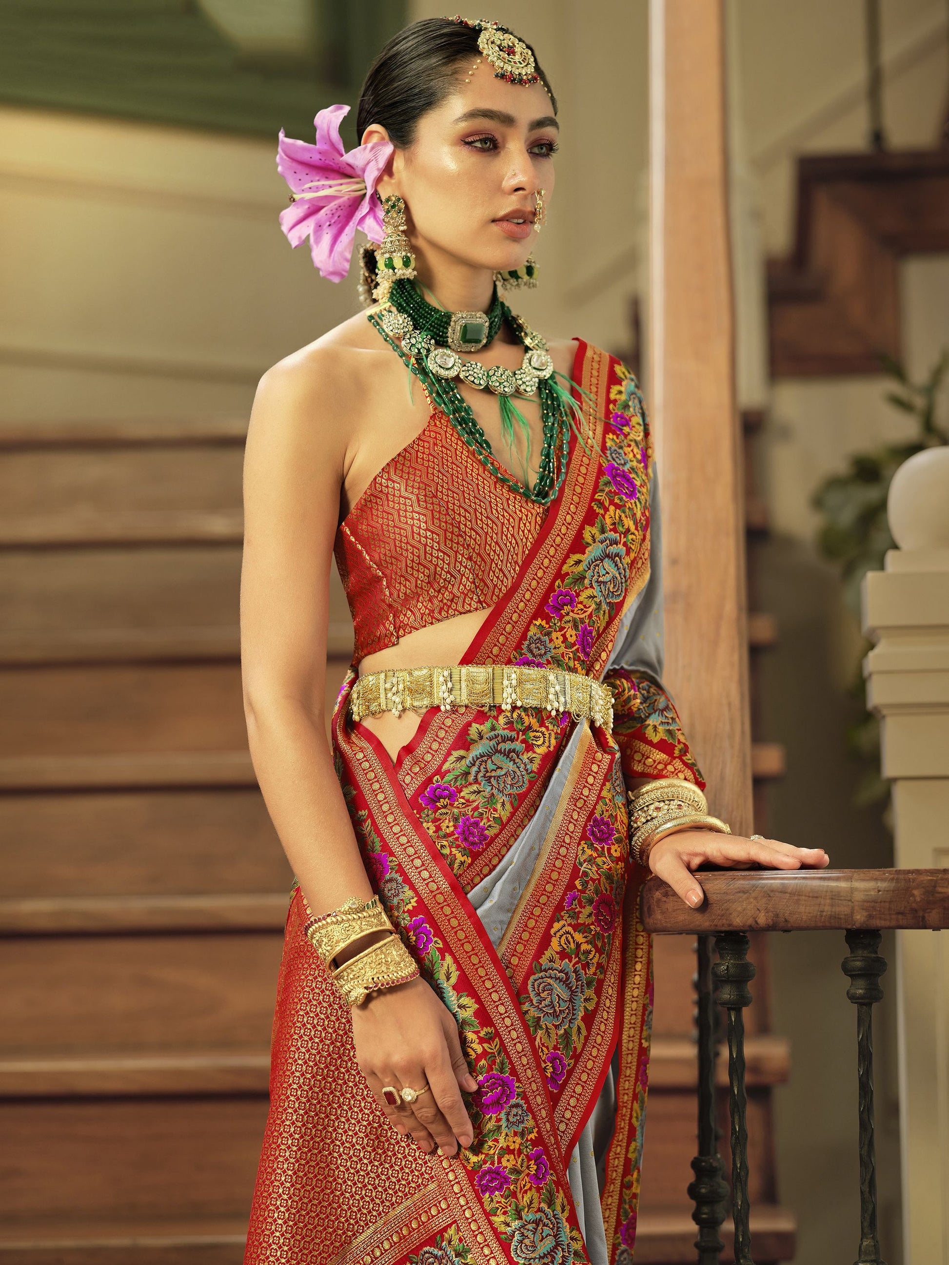 Grey color banarasi silk saree for women with price
