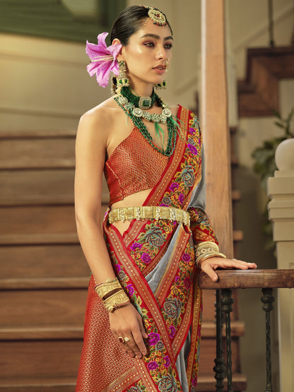 Grey color banarasi silk saree for women with price

