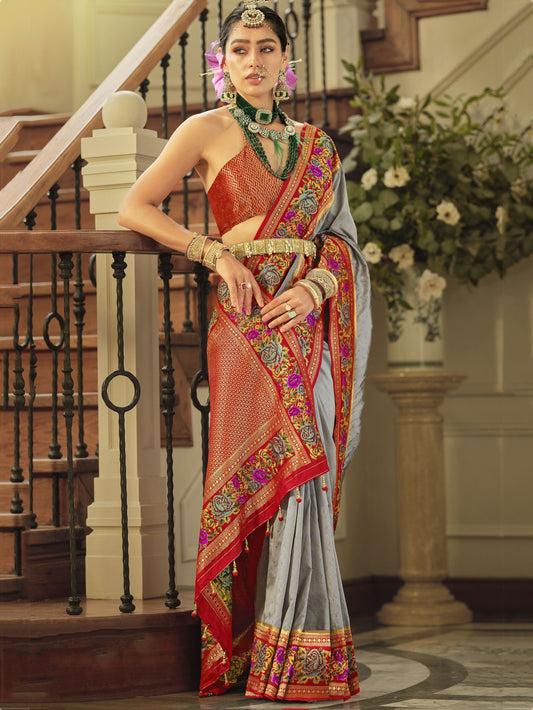 Grey color banarasi silk saree for women online
