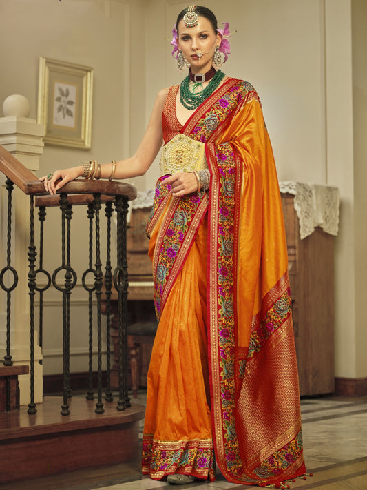 Orange color banarasi silk saree for women online shopping

