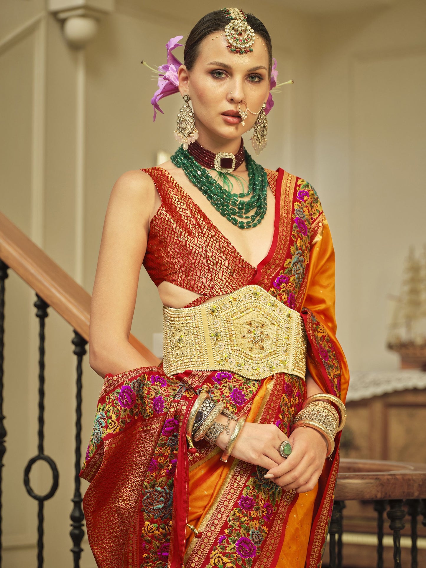Orange color banarasi silk saree for women price canada
