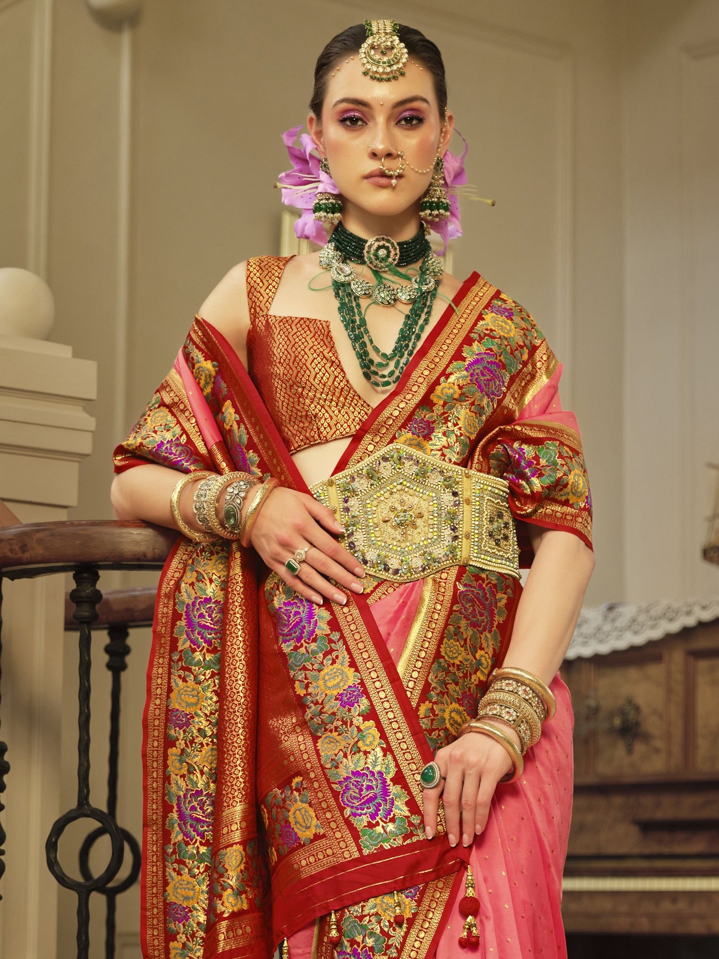 Pink color banarasi silk saree for women price

