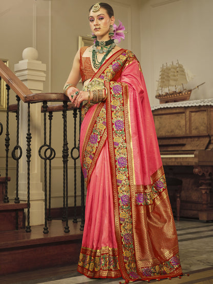 Pink Banarasi Saree Contrast Blouse
