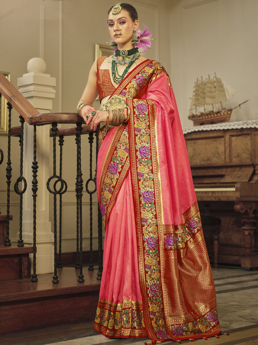Pink Banarasi Saree Contrast Blouse
