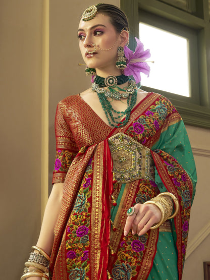 Green color banarasi silk weaving saree online