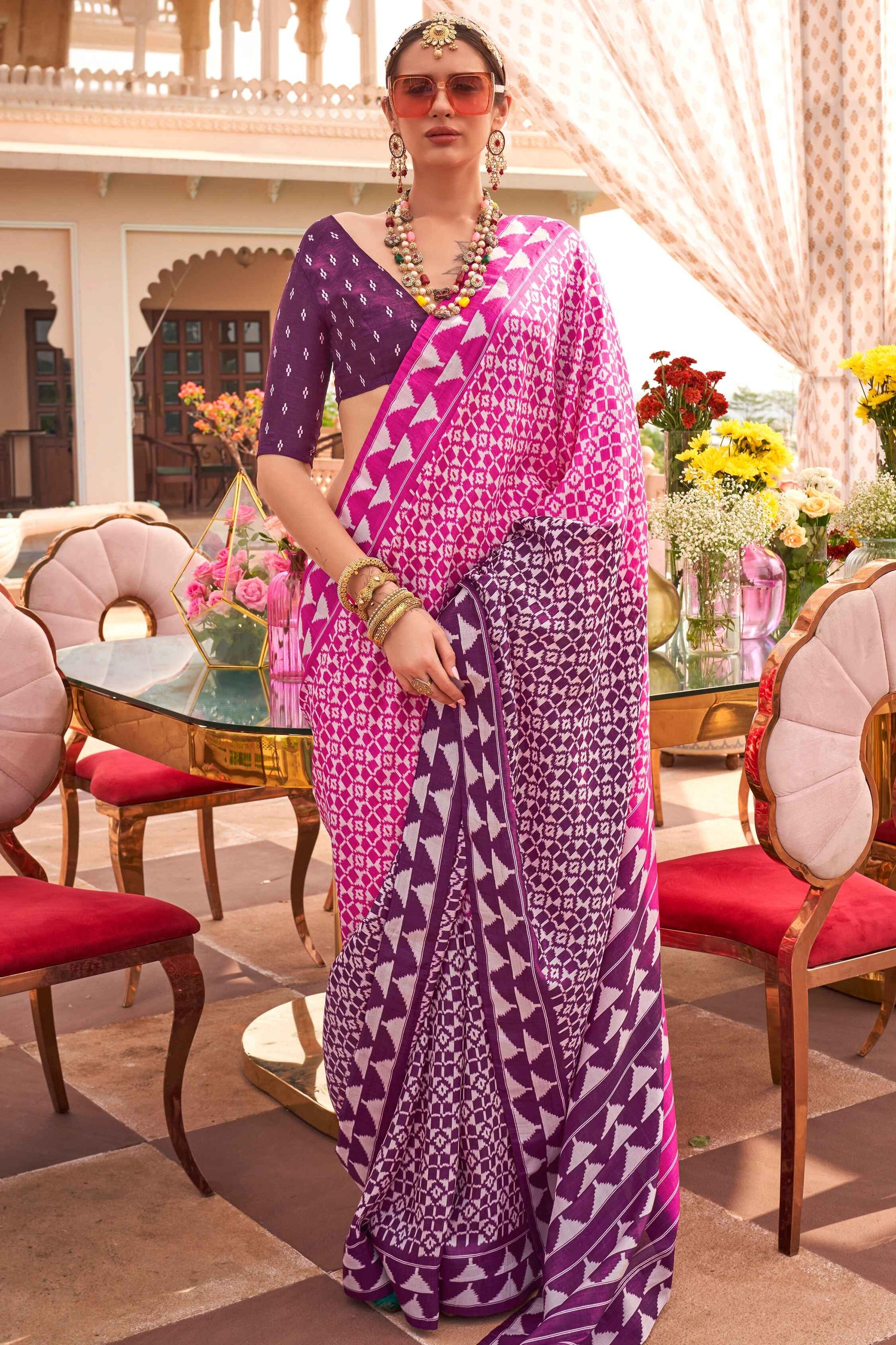 Pink color silk saree for women online

