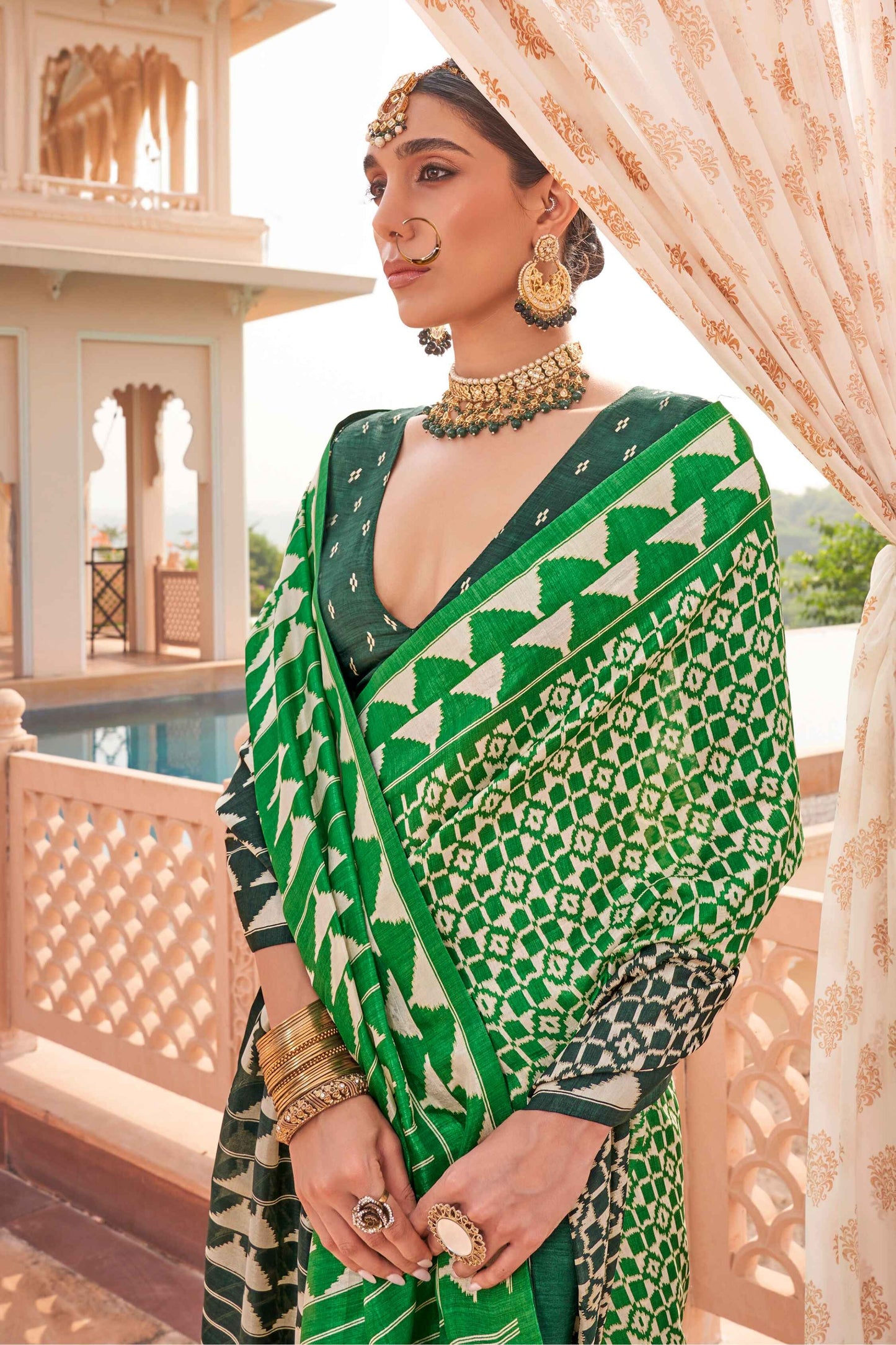Green color silk printed saree for women