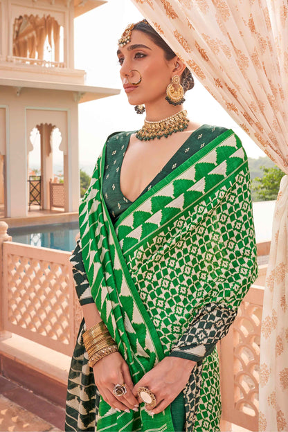 Green color silk printed saree for women