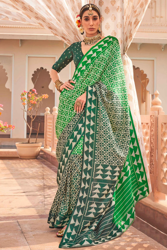 Green color silk printed saree with blouse 