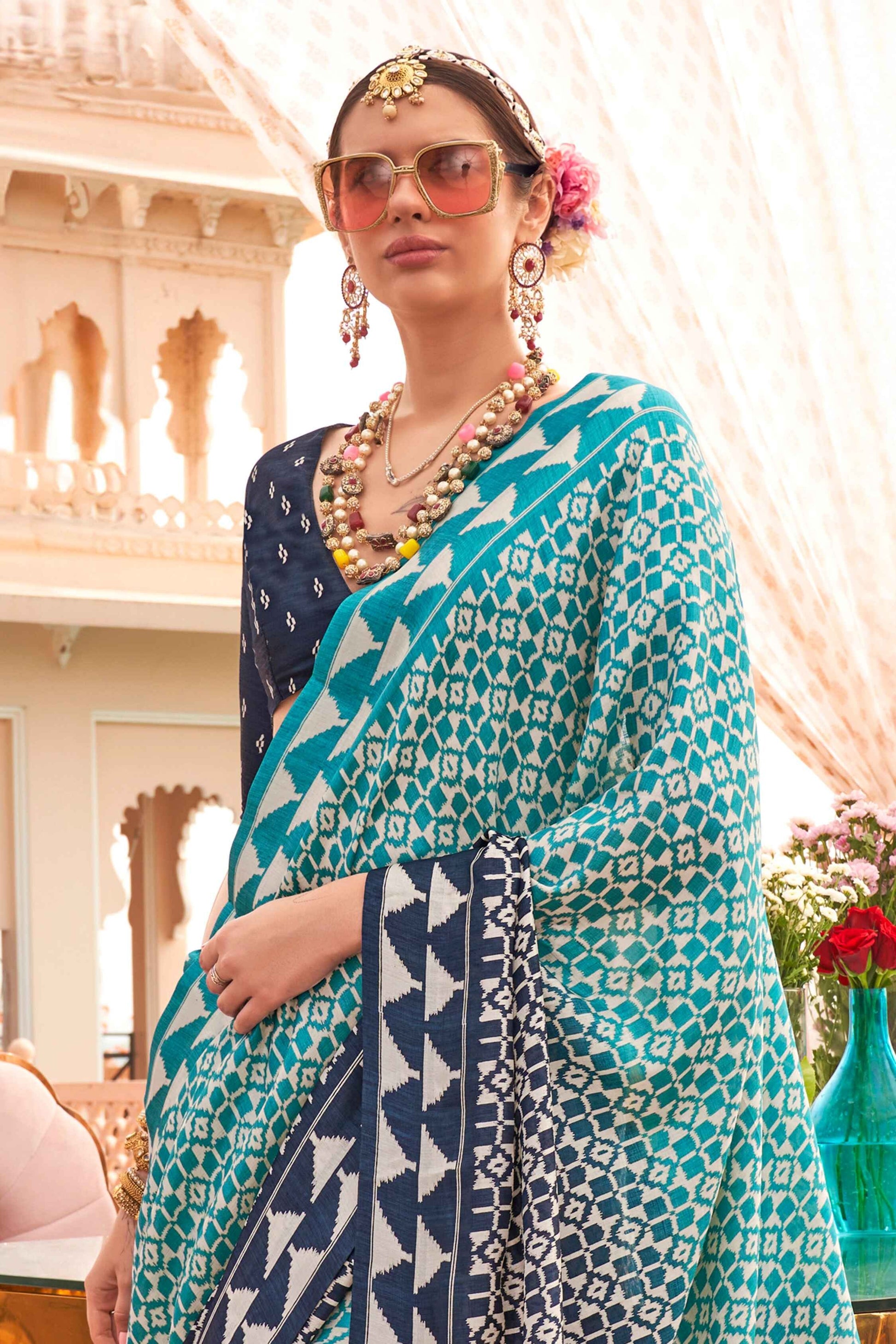 Rama color silk printed saree online