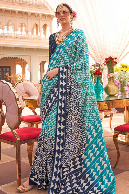 Rama color silk printed saree with blouse