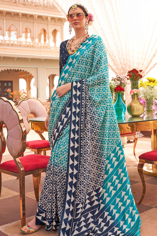 Rama color silk printed saree with blouse