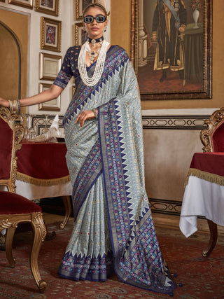 Blue color silk patola printed saree online
