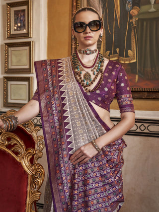 Wine color silk patola printed saree online