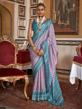 Sky blue color silk patola printed saree online
