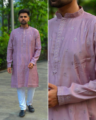 Lilac color premium silk kurta pyjama set images 